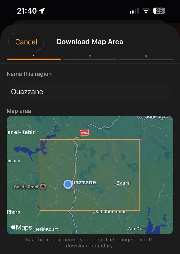 Download Map Area screen with a named region and an orange boundary on the map.