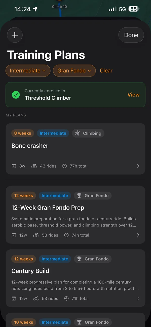 Training Plans library filtered by level and goal, with plan duration and weekly volume.