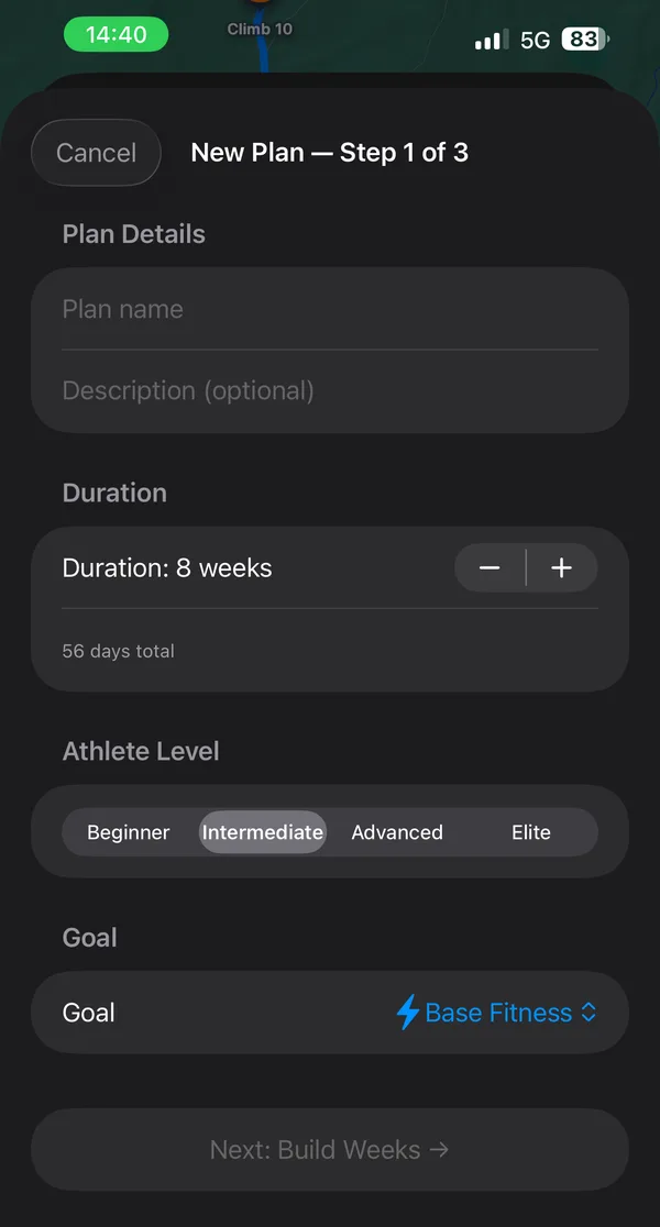 New Plan, step 1 of 3: plan name, an 8-week duration, athlete level from Beginner to Elite, and a goal.