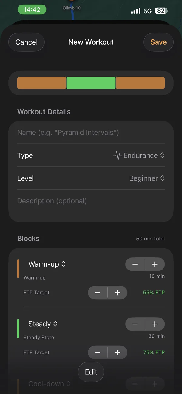 Glood’s New Workout editor: name, type, level and description, then blocks each with a duration and an FTP target.