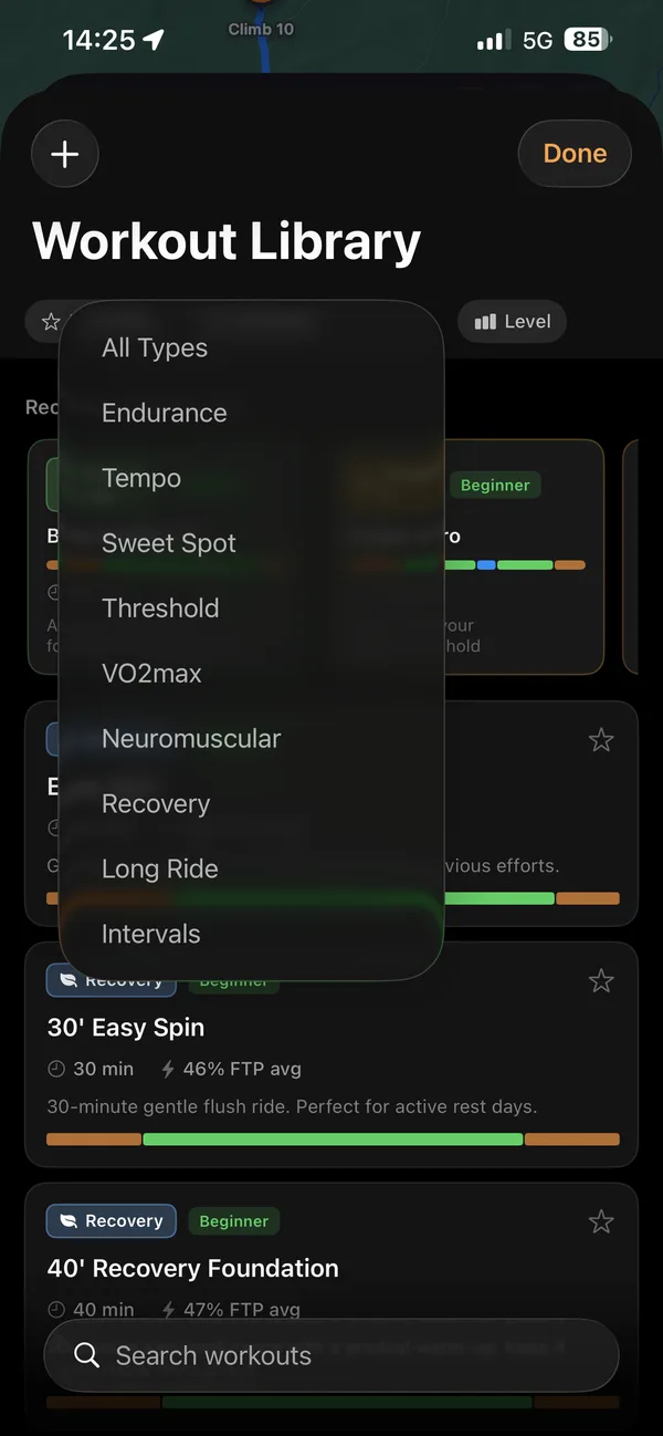 The Workout Library with its type filter open: Endurance, Tempo, Sweet Spot, Threshold, VO2max, Neuromuscular, Recovery, Long Ride and Intervals.