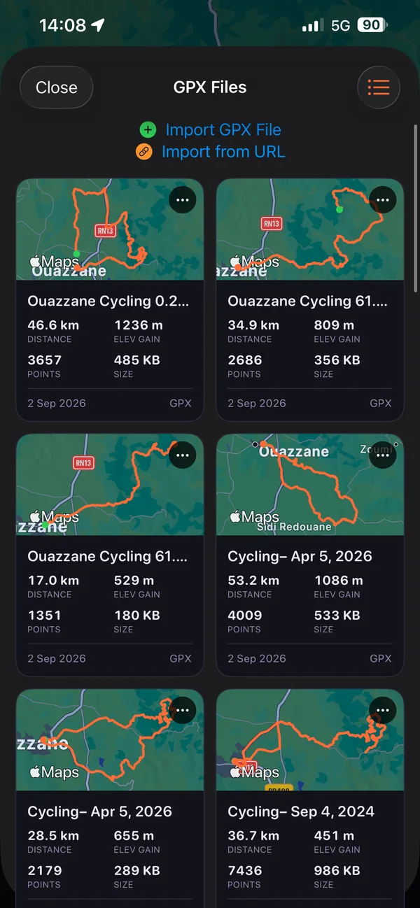 The GPX Files screen with Import GPX File and Import from URL above saved route cards.