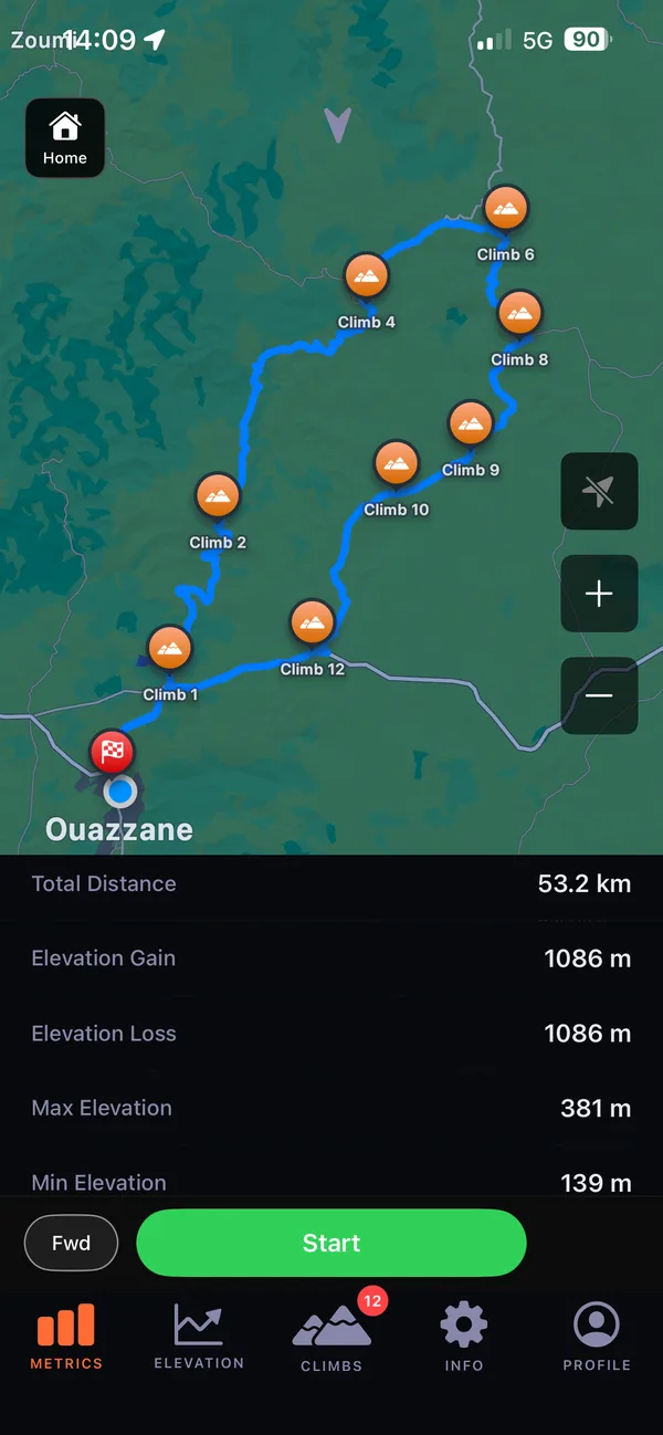 A 53.2 km GPX route on the map with twelve climbs marked, above its distance, elevation gain and loss, and highest and lowest points.