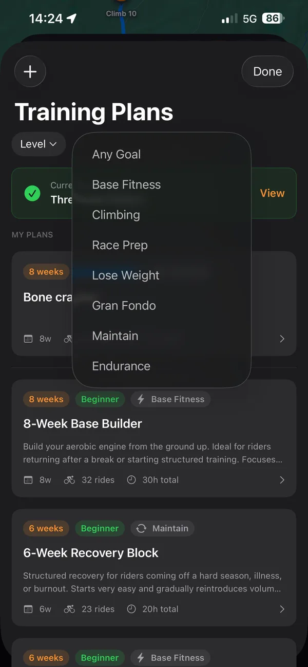 The goal filter open on Training Plans: Base Fitness, Climbing, Race Prep, Lose Weight, Gran Fondo, Maintain and Endurance.