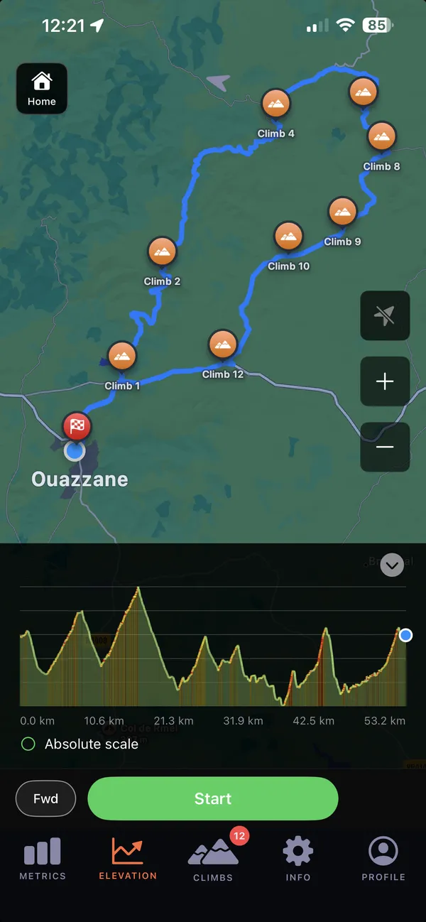 Climb markers along a GPX route, with its elevation profile below the map.