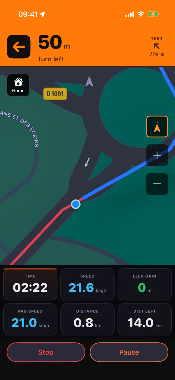 Glood’s ride screen during a recording: the map with large time, speed, elevation gain, distance and distance-left figures, and Stop and Pause controls.