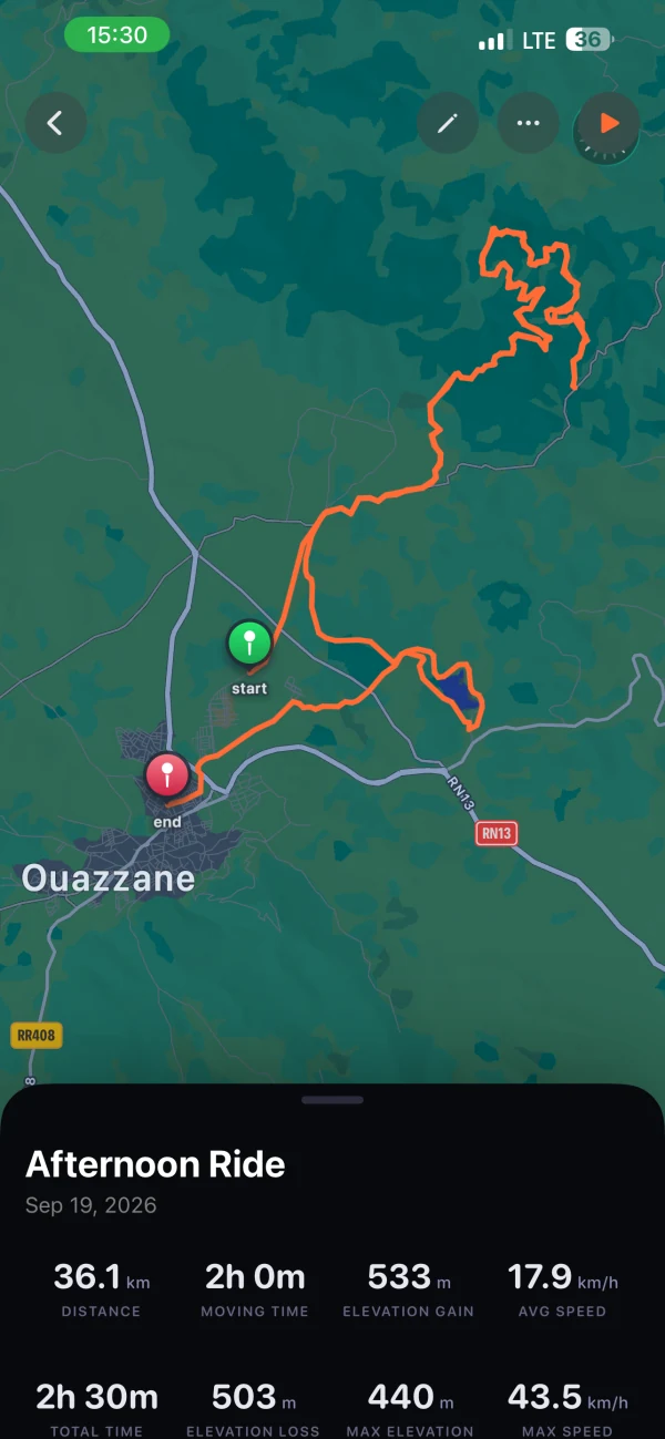 Carte d’une sortie enregistrée dans Glood avec ses données de temps, distance et dénivelé.